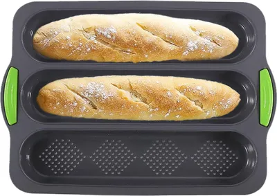 Produktbild von Antihaft-Baguetteform aus Silikon zum Backen von französischem Brot, mit 3-Wellenbrot-Design; ideal für Toast und Sandwiches.