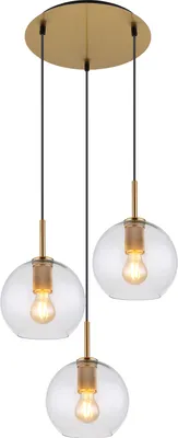 A multi-light pendant chandelier with three clear glass globes and gold-colored metal accents, suspended from a gold-colored circular ceiling plate.