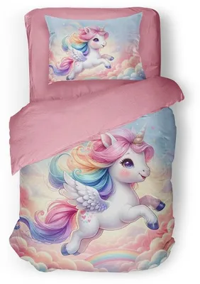 Produktbild von Unyqoos® Kinder-Bettbezug Rainbow Unicorn – Einhorn-Bettwäsche mit Regenbogen & Wolken, 100% Micropercal, 140x200/220 cm für Einzelbett, inkl. Kissenbezug & Reißverschluss