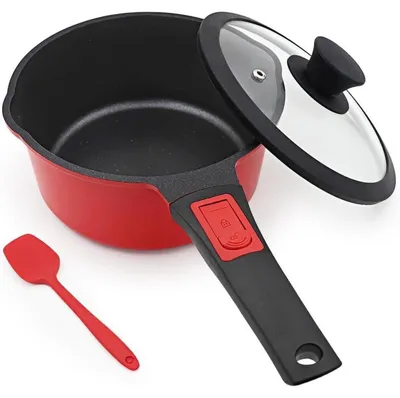 Image de Casserole en acier inoxydable de 18 cm avec couvercle, 2 litres, antiadhésive, avec poignée amovible, compatible avec toutes les sources de chaleur, utilisable au four, de couleur rouge et noir