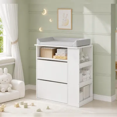 Productafbeelding van Okwish commode met verschoningstafel (afneembaar) en lades, babycommode met opbergruimte, verschoningstafel zonder kussen, wit