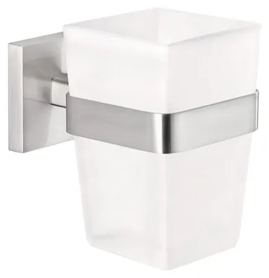 Produktbild von tesa EXXCLUSIV Zahnputzbecher mit Halterung - Becher aus Milchglas, verchromte Wandhalterung - zur Wandbefestigung ohne Bohren - 70mm x 100mm x 113mm