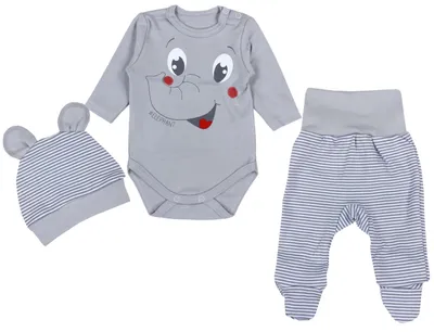 Produktbild von TupTam Baby Mädchen Jungen Bekleidungsset Langarmbody Hose Mütze mit Aufdruck Spruch 3 teilig, Farbe: Elefant Grau, Größe: 50