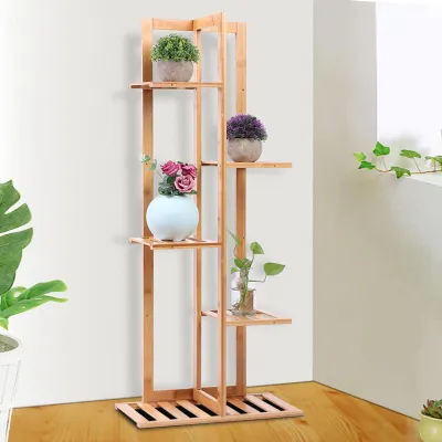 Produktbild von Pflanzenständer für drinnen und draußen, Bambus-Pflanzenhalter, Balkon- und Gartenpflanzenständer, Blumenständer, Leiterständer mit 5 Pflanztöpfen, für Balkon, Wohnzimmer, Garten, Terrasse, 45 x