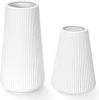 Zdjęcie produktu dla Zestaw ceramicznych wazoników z rowkami, 2 sztuki, białe, na trawę pampasową, do dekoracji, małe ceramiczne wazoniki, styl boho-modern, do salonu, na stół, na suszone kwiaty.