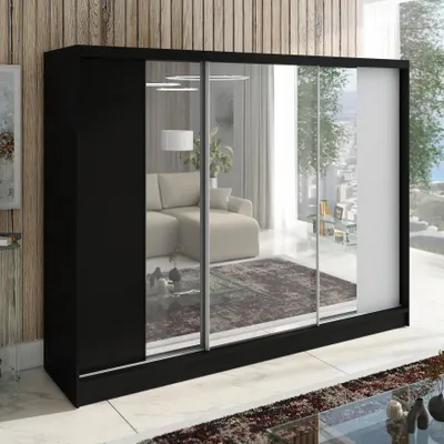 Produktbild von Schwebetürenschrank, 3 -türig Schrank 200 cm mit Spiegel VIDA (Schwarz,Weiß)