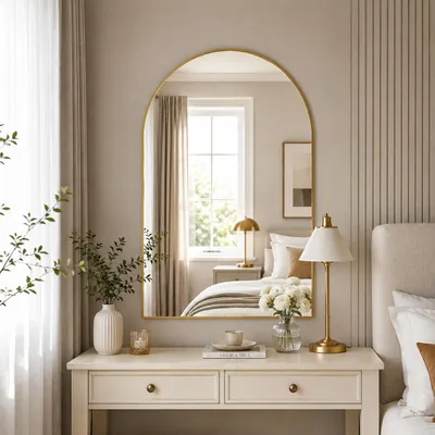 Productafbeelding van INONEFT Boogvormige wandspiegel, moderne spiegel, 91x61 cm, aluminium frame, gehard glas, geschikt voor badkamer, woonkamer, slaapkamer, hal, goudkleurig, AI-gegenereerde afbeelding