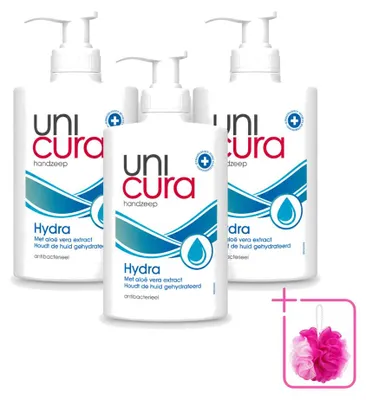 Immagine prodotto di 3 flaconi di sapone liquido idratante Unicura Hydra, 250 ml ciascuno, confezione