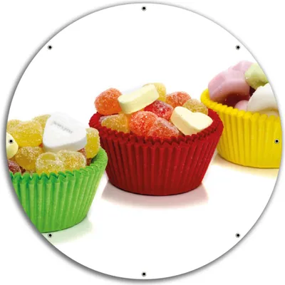 Produktbild von Wallario rundes Outdoor-Poster für Garten oder Balkon, Motiv Sweets - Süßigkeiten-Muffins in der Küche, 60 cm Durchmesser