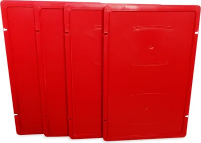 Four red plastic lids for storage boxes are stacked and shown from a slightly angled front view.