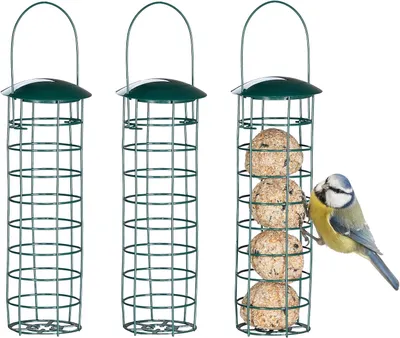 Image de Support pour boules de graisse pour oiseaux sauvages - lot de 3 - à suspendre - 31 cm de hauteur - avec toit