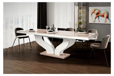 Produktbild von Esstisch Cappuccino Hochglanz / Weiß Hochglanz ausziehbar 160 cm bis 256 cm für bis zu 10 Personen