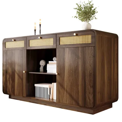 Produktbild von Kommode Sideboard 120cm Nussbaum, Schubladenschrank mit Rattan & Goldgriffen,3 Schubladen+2 Schränke+offenes Regal,Höhenverstellbare Einlegeböden
