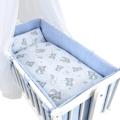 Produktbild von Baby-Delux Wiegenset Bettwäsche Set 6-tlg Waffelpique für Babywiege Bärchen Blau (ohne Wiege)