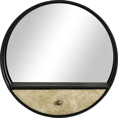Produktbild von HOMCOM Runder Wandspiegel Ø61cm, Dekorativer Spiegel mit Schublade und Rahmen aus Metall und MDF, Schwarz