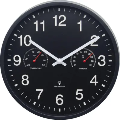 Produktbild von Design Funk-Wanduhr mit Kunststoffgehäuse 250 mm geräuschlos Thermometer Hygrometer