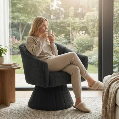 Produktbild von LVHOM 360° Drehsessel Cordbezug, Ergonomischer Relaxsessel für Wohnzimmer & Büro, Polstersessel mit Armlehne, Drehstuhl bis 150kg, Schwarz
