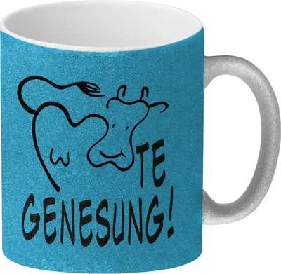 Produktbild von KUHte Genesung Glitzer-Kaffeebecher mit Kuh Motiv in blau