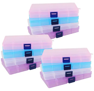 Imagen del producto de TRANKIELO® - 12 cajas de almacenamiento de plástico con compartimentos – Divisores ajustables – Transparentes – Multifuncionales