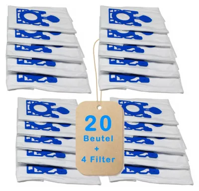 A stack of white vacuum cleaner bags with blue accents, and a cardboard tag.