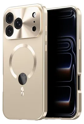 A gold-colored phone case with a magnetic ring for MagSafe charging is shown next to a smartphone.
