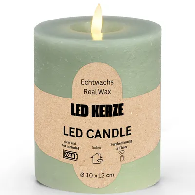 Image de Bougie LED en cire, flamme vacillante, Ø 10x12 cm, sauge