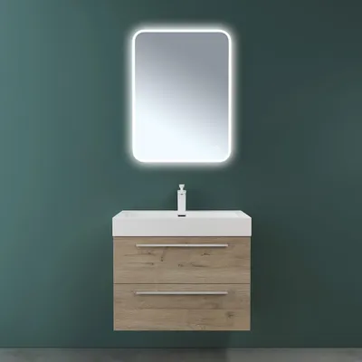 Produktbild von Mai & Mai Badmöbelset Komplett Set Waschbeckenunterschrank 73cm Unterschrank mit Waschschbecken aus Mineralguss und LED-Badspiegel Quadratto