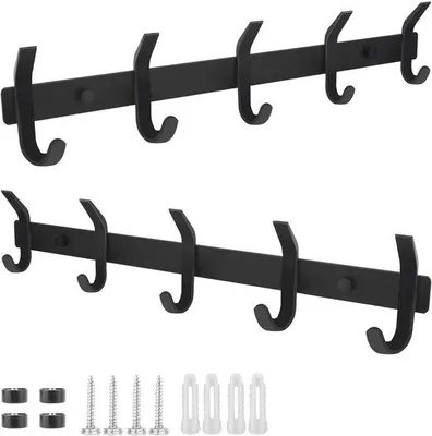 Immagine prodotto di 2 ganci in acciaio, ganci da parete con 5 ganci, neri, set di ganci, ganci in metallo per camera da letto, bagno, cucina, soggiorno