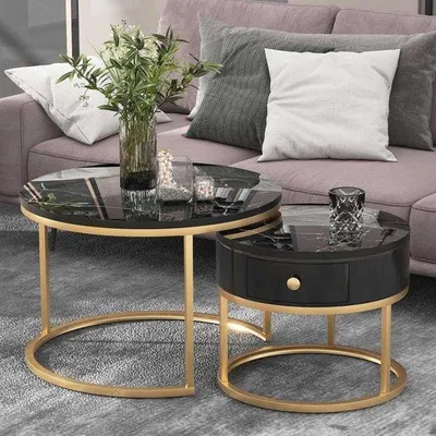 Produktbild von Famanu Set von 2 Runden Schwarzen Couchtischen mit Stauraum - Multifunktionale Wohnzimmertische