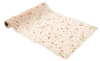 Imagen del producto de Mantel individual de tela, en color beige, blanco, verde y melocotón, de 26 cm de ancho y 5 metros de largo, con estampado floral