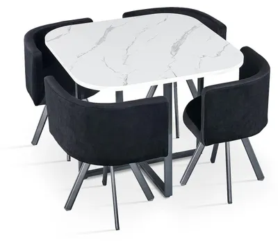 Image de MENZZO Table carrée 90cm avec 4 chaises gain de place Oslo Effet marbre blanc et Velours Noir