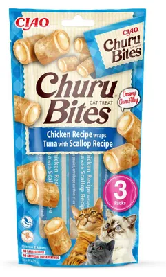 Obrázek produktu pro Inaba Cat Churu Bites 3x10g (30g) kočičí pamlsky sušenky plněné kuřetem, tuňákem, mušlemi a řasami