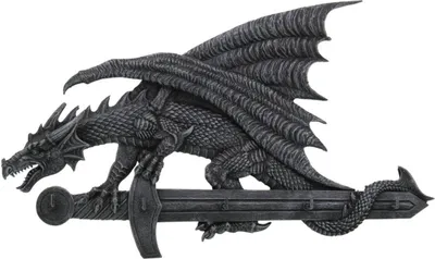 A gray dragon figurine perched on a sword, presented against a white background.
