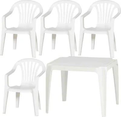 Produktbild von Kindergartenmöbel Progarden Kindermonoblock Set 4 -Sitzer 5 tlg. weiß aus Kunststoff, Stapelbar für platzsparende Lageru