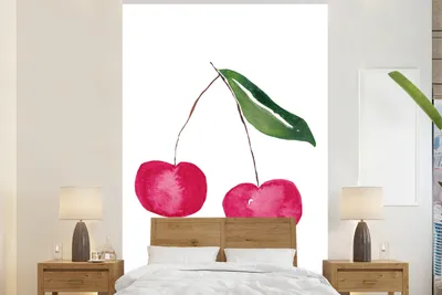 Produktbild von MuchoWow® Fototapete für Wohnzimmer oder Schlafzimmer Wandtapete Vinyl Motivtapete Kirschen - Obst - Weiß - 195x300 cm - Das Hintergrundbild