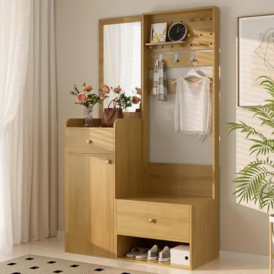 Image de OKWISH Vestiaire d’Entrée Moderne en Bois Naturel avec Crochets Réglables et Étagères Spacieuses, Meuble d’Entrée avec Banc à Chaussures - 105x38x180 cm