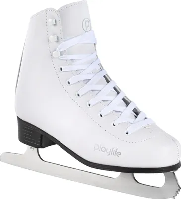 A single white ice skate with a silver blade is shown from a diagonal angle against a white background.
