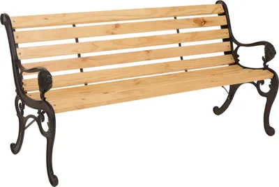 A park bench with a wooden seat and backrest, and cast iron legs and armrests.