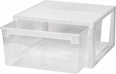 A clear, studio shot of a clear plastic storage box with one drawer pulled out.