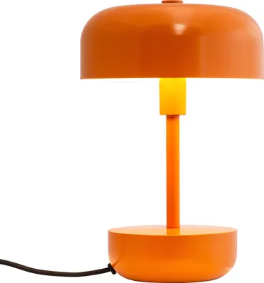 An orange table lamp with a mushroom-shaped shade is shown against a white background.