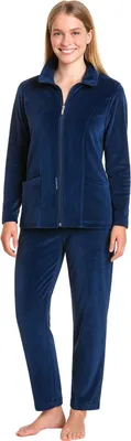Productafbeelding van Dames huispak van Nicki-fluweel, blauw, jas met rits en broek met elastische tailleband, maat S