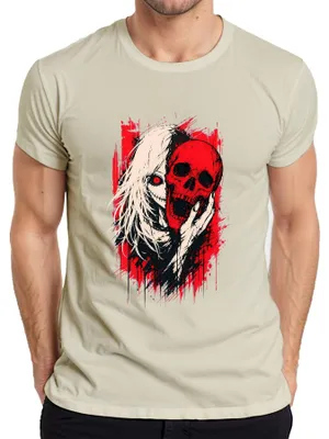 Produktbild von Horror Anime Girl Roter Totenkopf Skull Gothic Grunge Japan Manga Herren T-Shirt, Natur, XXL
