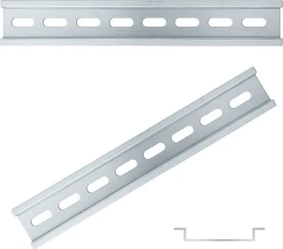 Two views of a metal DIN rail with oval slots, one straight and one angled.