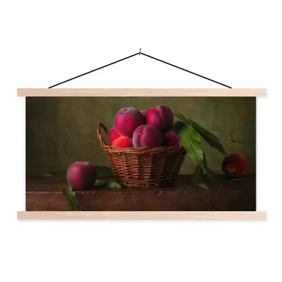 Produktbild von MuchoWow® Textilposter Korb - Pflaume - Rosa - Rustikal - Obst - Stilleben 120x60 cm mit holzfarbenen Rahmen - Klemmleiste