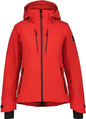 A red ski jacket is shown against a white background.