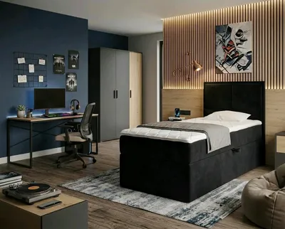 Produktbild von NORDELO Boxspringbett MODERNO 120x200 cm AMOR Velvet Schwarz Komplett-Set gepolstertes Einzelbett mit Stauraum, Matratze und 4 cm Visco-Topper, Bonellfederkernmatratze, T30-Schaum