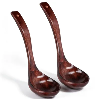 2 Holz-Suppenkellen, lange Griffe, Aufhängeloch, L