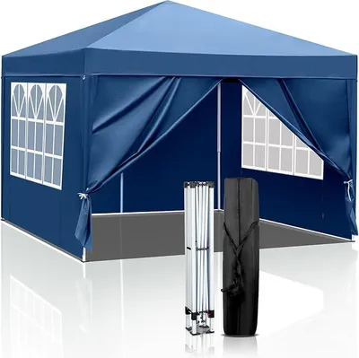 Imagen del producto de Pabellón de jardín de 3x3 metros, plegable, con 4 paneles laterales, color azul. Impermeable, resistente al invierno, con altura ajustable, protección UV 50+. Tienda de jardín, tienda para fiestas, estructura de acero, ideal para jardín, fiestas y camping