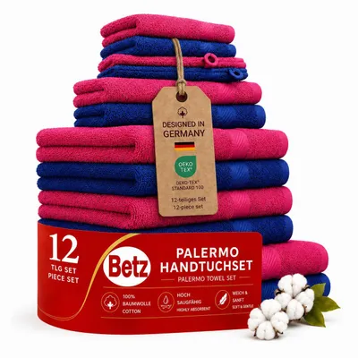 Produktbild von Betz 12-TLG. Handtuch-Set Palermo 100% Baumwolle 2 Liegetücher 4 Handtücher 2 Gästetücher 2 Seiftücher 2 Waschhandschuhe Farbe Cranberry und blau