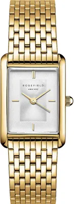 A close-up studio shot of a gold Rosefield watch with a white face.